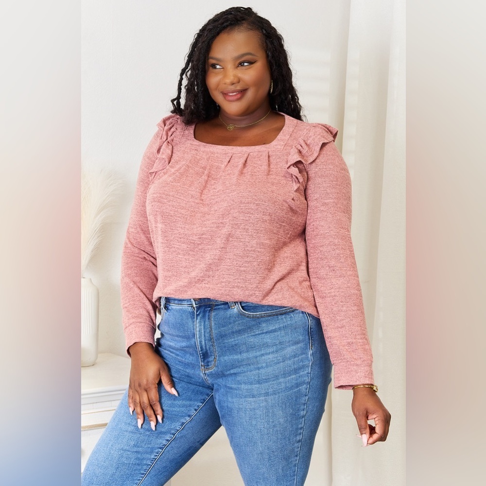 NEW**-Double Take Square Neck Ruffle Shoulder Long Sleeve T-Shirt OFFERS WELCOME